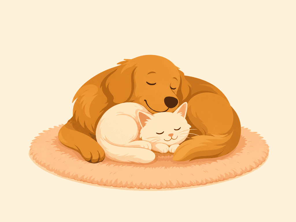 ラグの上で寄り添って眠る、茶色の犬とクリーム色の猫のイラスト